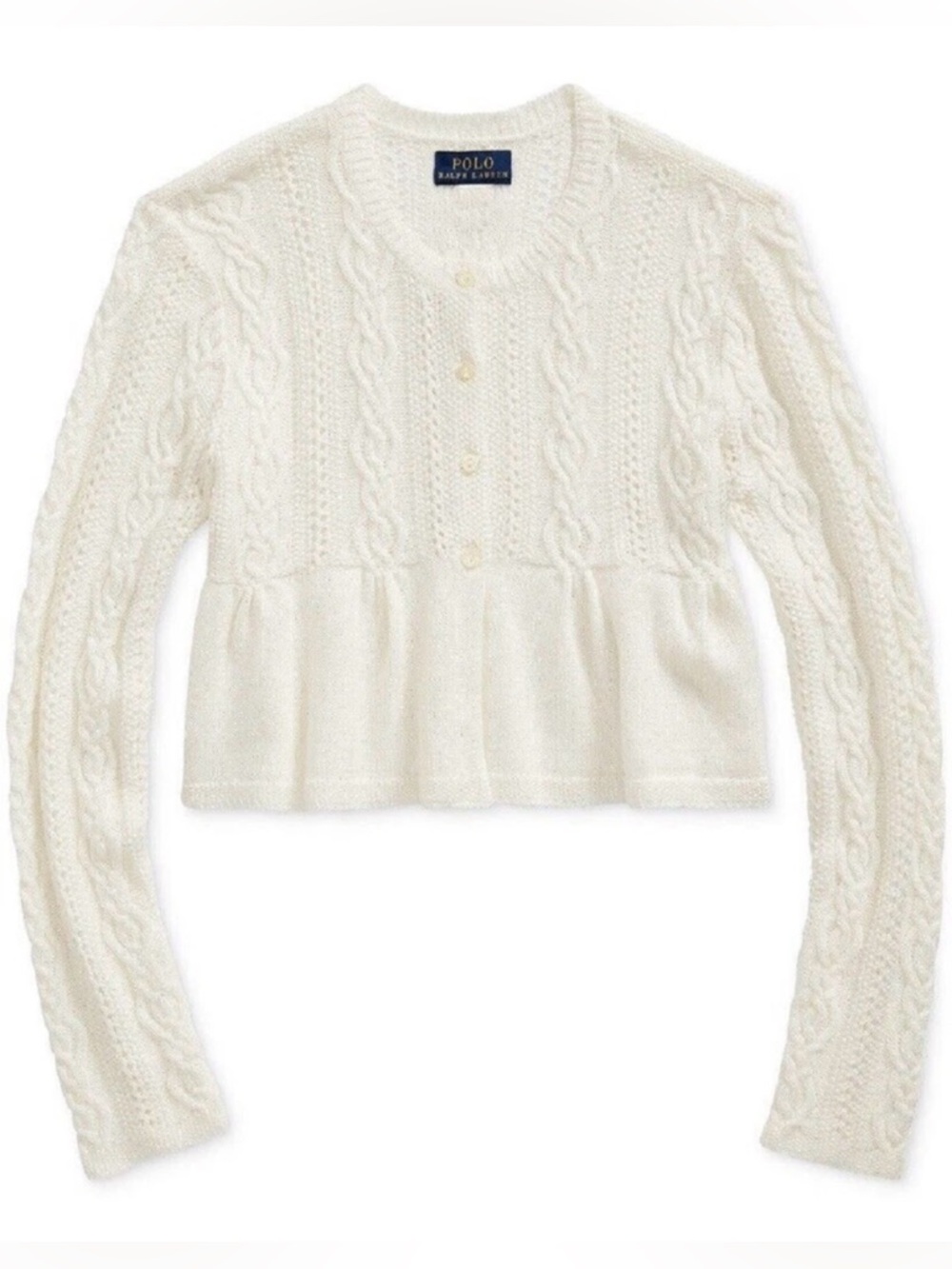 Polo by Ralph Lauren Ivory cotton blend Cable-Knit Peplum crop Cardigan 12/14y